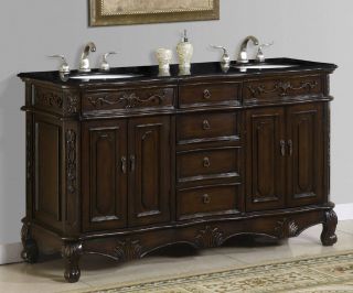 Double Sink Bath Vanity Cabinet with Black Granite Top #1160   60