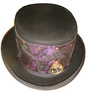 Steampunk/victorian black top hat with brocade band with compass