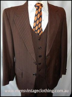 Vintage 70s Roger David Strand Brown Pinstripe Wool Blend 3 Piece Suit 