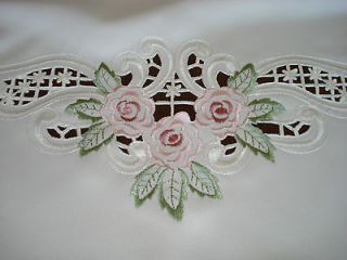 Pink Roses on Satin white cut work 36 Tablecloth 