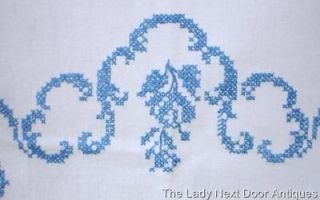   Blue & White Cross Stitch Heavy Woven Linen Country Time Tablecloth