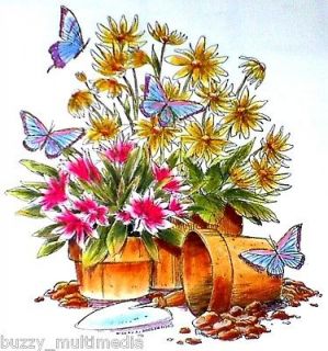 Plants in Pots & Butterflies T Shirt, colorful ladies garden scene tee 