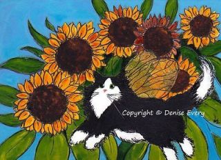 Tuxedo Maine Coon Kitty Fairy Sunflowers Fantasy Chat Cat Gato Art 