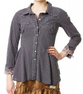 NEW ODD MOLLY 450 CHEQUE STUDDED COTTON SHIRT BLOUSE DRESS TOP GRAY 0 