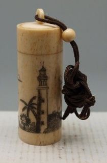 scrimshaw carved bone pot with lid ships lighthouse from united