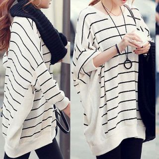 Womens Batwing Crewneck Striped Oversized Loose Knit Jumper Sweater 