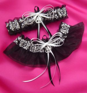 Black White Damask Double Heart Wedding Garter Set with Gift Box