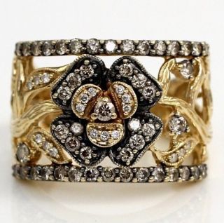 LeVian Ring Chocolate/Clear Diamond 14K Yellow Gold Wide Flower Size 7 