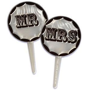 48 MR MRS Black White Opalescent Plastic Cupcake Picks Shower Wedding