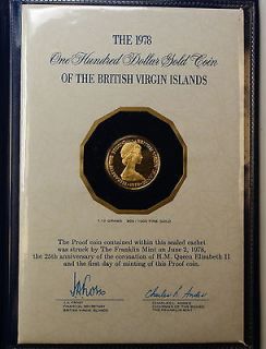 1978 British Virgin Islands $100 Gold Proof Coin, in presentation 