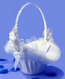 WHITE FLOWER GIRL BASKET ~ Satin Pearls Wedding Decor Flowers Bridal 