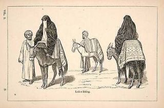 1871 Wood Engraving Egyptian Women Riding Mule Seggadeh Saddle 