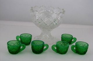 Westmoreland Childs Punch Bowl in Crystal + 6 Cups in Green 