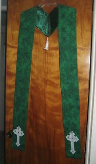 Long 120 in. Clergy Stole Green with white Celtic Crosses Beautiful