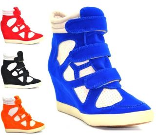 NEW WOMEN ALL COLOURS HI TOP VELCRO CANVAS WEDGE GIRLS PUMPS SHOES 