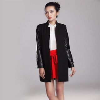 NWT Womens PU Leather Sleeve Splice Wool Blazer Jacket Coat Trench 