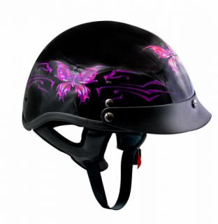   Ladies Black Purple Butterfly Open Face Half Motorcycle Helmet (XS XL