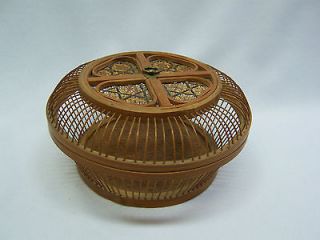vintage woven basket with wood spoke sides marked National 2 pc