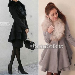   Gray Women Long Trendy Fur Collar Winter Warm Wool Coat Poncho N98B