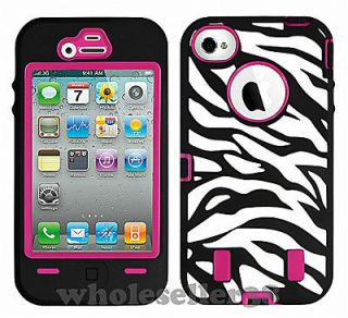 Hot Pink Rugged Rubber Zebra Hard Case Cover For iPhone 4G 4S + Screen 