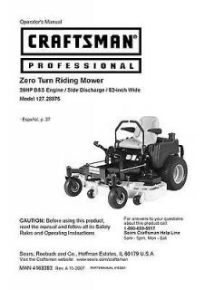 Craftsman Operators Manual Zero Turn Rear Riding Mower Model 127.28875