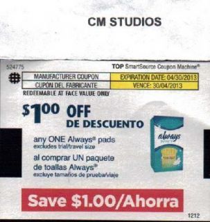 10 $1 00 1 Always Pads Any See Photo Coupons Exp 04 30 13