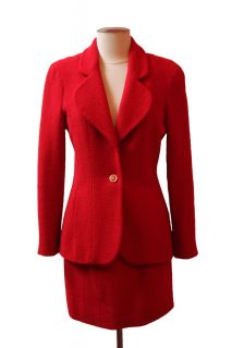 CHANEL 1980s Red Wool Bouclé 2 pc Skirt Suit Signature Buttons