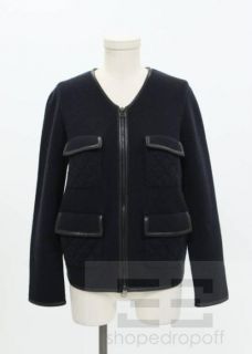 Phillip Lim Navy Knit & Black Leather Trim Quilted Pocket Jacket 