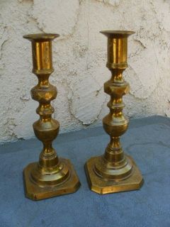 Pair Antique Brass Push Up Candle Stick Holders 7 3/4 Push Up Has 