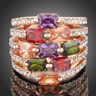 18K Rose Gold GP Swarovski Crystal Amethyst Ruby Citrine Emerald Ring 
