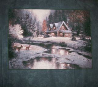 GORGEOUS THOMAS KINKADE CABIN IN THE WINTER FOREST FABRIC PANEL