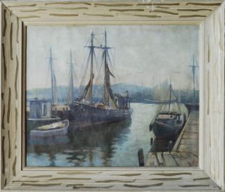 Gorgeous Oil Painting A Rosenthal Rockport Mass Fishing Boats 1945 