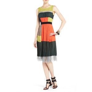 New $348 BCBG Max Azria Abie Color Blocked Cocktail Pleated Dress US 2 