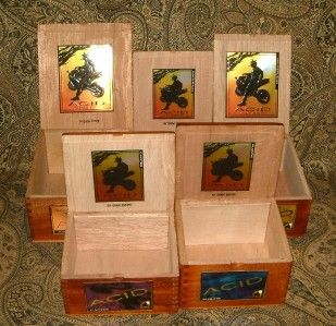   COLLECTION OF FIVE HEAVY WOODEN CIGAR BOXES FROM ACID. SEVERAL SIZES