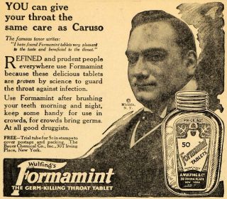 1917 Ad Formamint Throat Tablet Germ Health Caruso Sing   ORIGINAL 