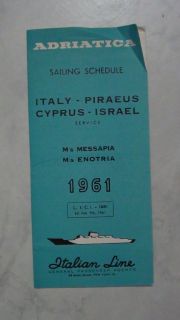Vintage 1961 Adriatica Sailing Schedule Italy Piraeus Cyprus Israel 