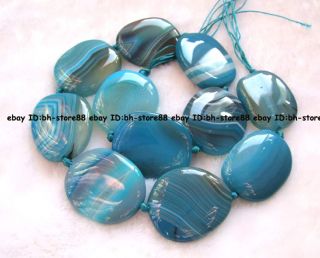 Beautiful 30x35mm Blue Stripe Agate Oval Flat Gemstone Beads 16 New 