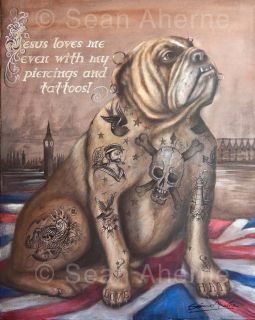Bulldog with Tattoos Wooden Sign Painting Print Wall Art Picture 