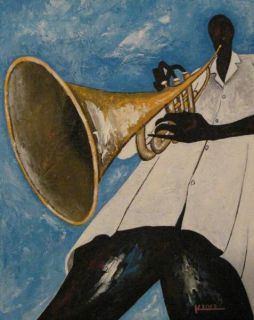   ORIGINAL AFRICAN AMERICAN JAZZ ART MUSICIAN TRUMPET MAN MUSIC PAINTING