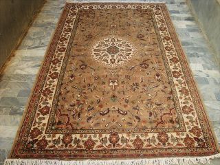 Beige Tan Floral Hand Knotted Rug Carpet Silk Wool 8x5