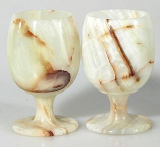 ALABASTER GLASSES, SET OF 2, 4 INCHES TALL, NO MARKS, SCRATCHES, CHIPS 