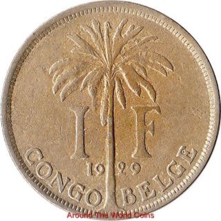 1929 Belgian Congo 1 Franc Coin Albert I KM 20