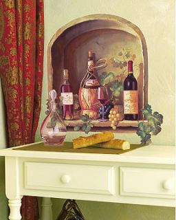 Wine Alcove With Grapes & Vines Bottles Red Wall Mural Sticker Decal 