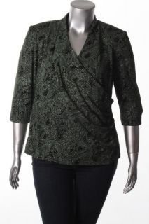 Alex Evenings New Green Glitter Ruched Faux Wrap Blouse Top Plus 1x 