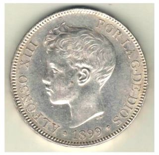 Silver 5 Pesetas 1899 Alfonso XII Extremelyfine