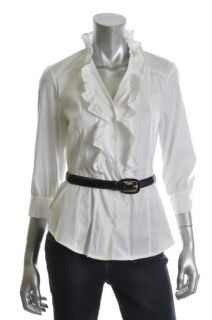 Alfani New White Cotton Ruffled Collar Belted Long Sleeve Button Down 
