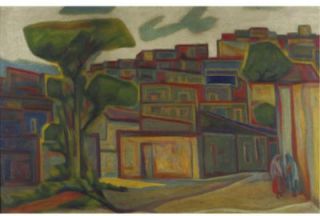 Alfredo Zalce Mexican Modernist Listed Cityscape Clothes Hanging Oil 