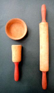 vintage Child Toy Kitchen Red Handle Wood Set w Box Rolling Pin 