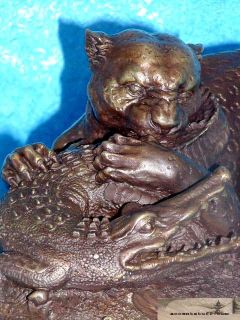 Heavy Bronze Leopard Statue Fighting Alligator on Marbl