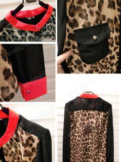 Women’s Color Block Stand Up Collar Leopard Print Chiffon Long 